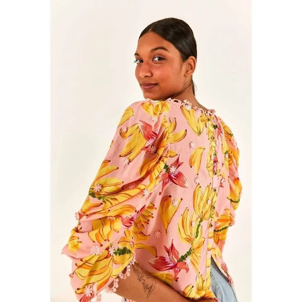 Anthropologie Farm Rio Banana Taste Applique Puff Sleeve Blouse Pink Small S NEW
